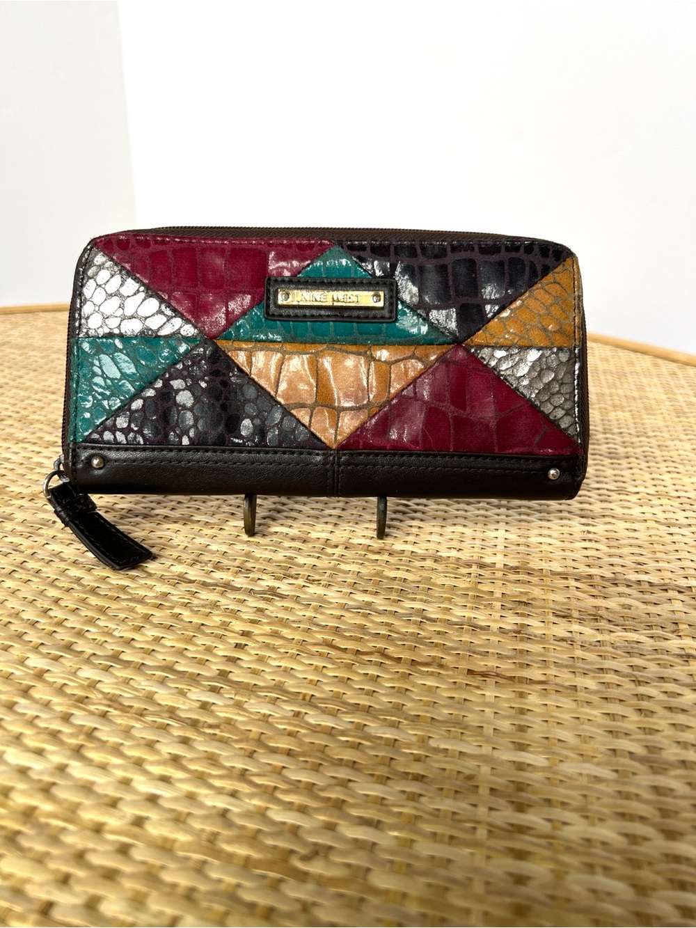 Nine West vintage 80s Vegan leather multi-color patchwork wallet clutch purse